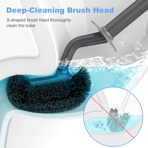 HAMITOR Toilet Bowl Brush Holder Set: Curved Design with Holder for Deep Cleaning Under Rim - Compact Hidden Scrubber for Small Space - Modern RV Bathroom Accessories - Gray