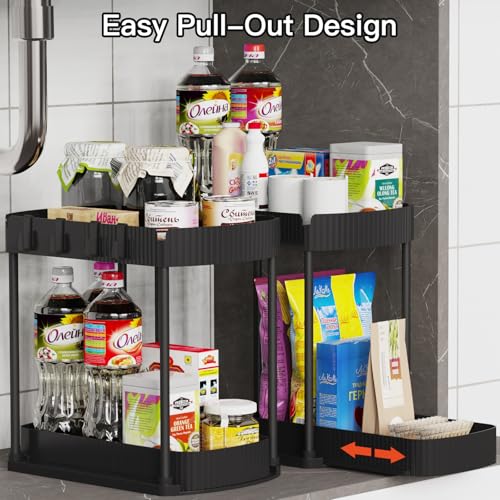 2 Packs Under Sink Pull-Out Storage Organizers, 12.8 Inches, Black | Multi-Purpose Cabinet Organizers and Storage for Bathroom &amp; Kitchen