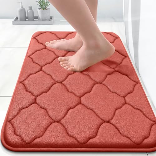 OLANLY Memory Foam Bath Mat Rug 24x16, Ultra Soft Bathroom Rugs, Coral | Thick Absorbent Carpet, Non-Slip Backing, Machine Washable, for Bathroom Floor, Tub, Shower and Home Decor Accessories