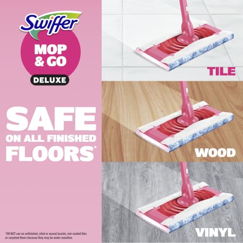 Swiffer Sweep and Mop Deluxe, Limited Edition Pink, 2-in-1 Floor Mopping and Sweeping Kit, Multi-Surface Kit for Floor Cleaning, Includes 1 Sweeper, 5 Heavy Duty Dry Cloths, 3 Heavy Duty Wet Cloths