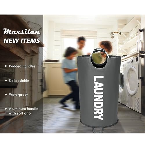 Maxsilan 90L Large Laundry Basket Bag, Collapsible Tall Hamper, Dark Grey | Freestanding tall laundry bag &amp; foldable washing basket. Large capacity clothes storage bin with durable sturdy handles