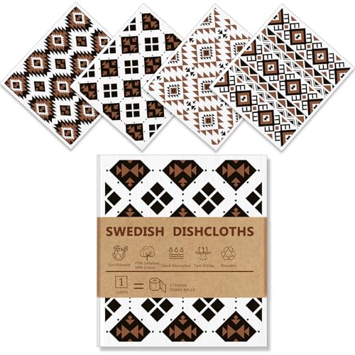 Eugiichr 4 Pack Swedish Dishcloths for Kitchen, Reusable, Super Absorbent | No Odor &amp; Washable Dish Cloths, Western Aztec Kitchen Towels, Non-Scratch Cellulose Cloths for Washing Dishes, Biodegradable