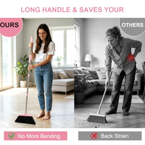 XXFLOWER Broom and Dustpan Set, Dustpans with Broom Combo for Home, Heavy Dust Broom and Dustpan Combo, Long Handle Dust Pan and Broom Set for Kitchen, Office, Pet Hair,Pink, Pack of 1