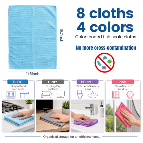 Niveaya Microfiber Glass Cleaning Cloth, Reusable Fish Scale Cloth 8 Pack | Streak Free Lint Free Cleaning Towels, Quick Drying Polishing Cloth for Window, Kitchen, Shower, Stainless Steel, Auto