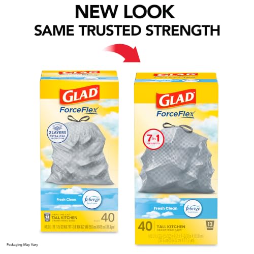 Glad Trash Bags, ForceFlex Tall Kitchen Drawstring Garbage Bags, Fresh Clean, 13 Gal, 40 Ct (Package May Vary)