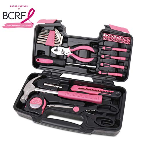 Apollo Tools 39 Piece General Household Tool Set, Pink DT9706P | Toolbox Storage Case with Essential Hand Tools for Everyday Home Repairs, DIY and Crafts. Pink Ribbon