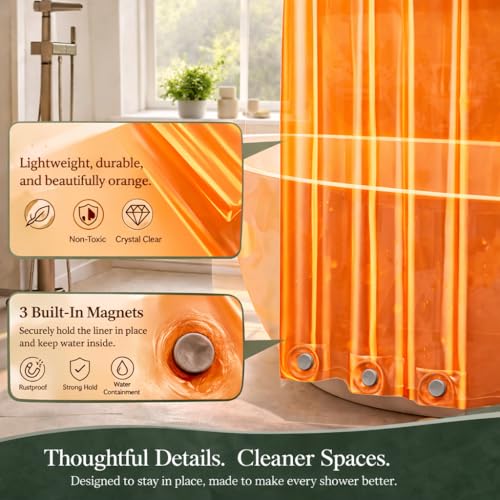 EHZNZIE Orange Shower Curtain Liner 72x72, PEVA Waterproof Bath Curtain, No Chemical Smell, 3 Weighted Magnets, Durable with Rustproof Metal Grommets
