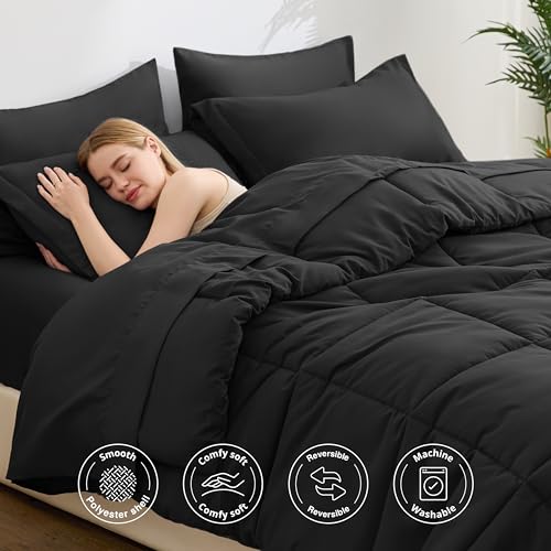Love's cabin Queen Comforter Set, 7 Pieces Bed in a Bag, Black | OEKO-TEX Certified, All-Season, 1 Down-Alternative Comforter + 1 Flat &amp; Fitted Sheets + 2 Pillowcases + 2 Pillow Shams