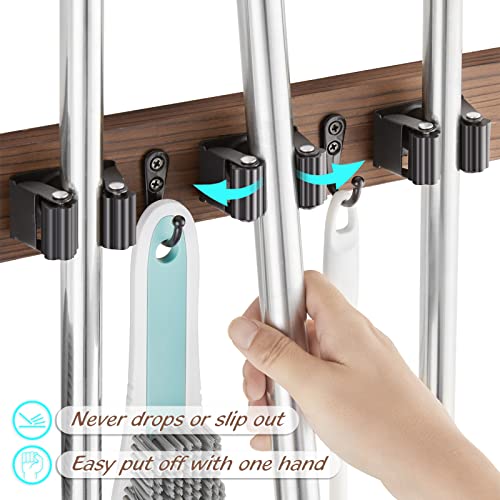 OUTNILI Mop and Broom Holder Wall Mount - Wood Broom Mop Hanger - Wall Mounted Garden Tool Rack Organizer for Closet Garage Laundry Room, Rustic Kitchen Decor With 4 Slots &amp; 4 Hooks