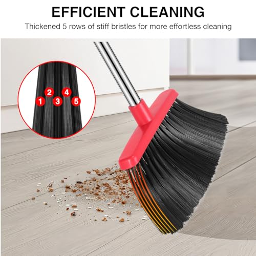 NACENA Broom and Dustpan Set, 52-in Long Adjustable Handle Broom Dustpan Combo with Dustpan Teeth to Automatically Clean Hair Suitable for Home Kitchen Office Hall Floor（Black&amp;Red）