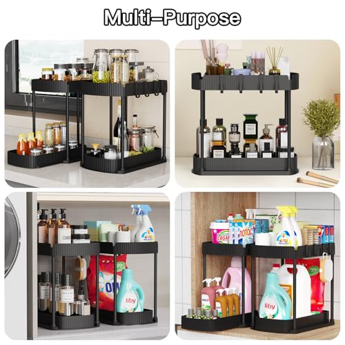 2 Packs Under Sink Pull-Out Storage Organizers, 12.8 Inches, Black | Multi-Purpose Cabinet Organizers and Storage for Bathroom &amp; Kitchen