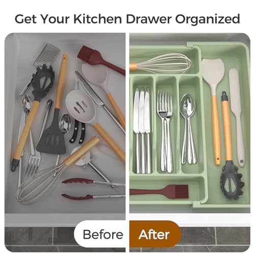 ukeetap Extra Large Expandable Silverware Organizer, Flatware Tray, Green | BPA-Free Food-Safe Kitchen Utensil Cutlery Drawer Organizer, Adjustable Silverware Holder for Spoons Forks Knives