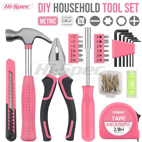Hi-Spec Tool Set 25pc Pink Household DIY Tool Kit for Women. Small Mini Tool Box Set of Starter Basic Ladies Tools