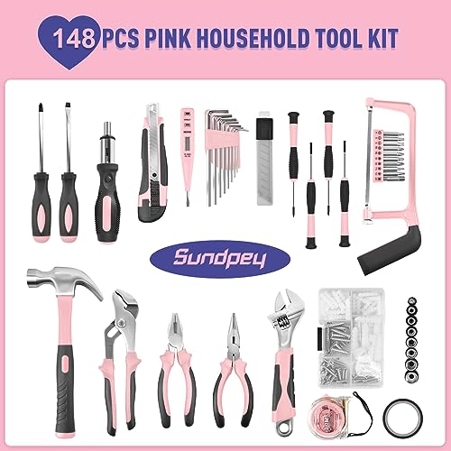 Sundpey 148 Pcs Portable Basic Hand Repair Home Tool Kit Set with Case Pink | with Ratchet Screwdriver &amp; Adjustable Wrench &amp; Water Pump Pliers, Women Tool Set for Household House Garage Apartment Dorm