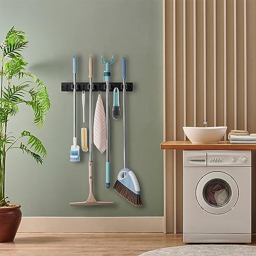 OUTNILI Black Mop Broom Holder Wall Mount with 4 Slots &amp; 4 Hooks - Rustic Wood Broom Mop Hanger for Pantry Closet Laundry Room Organization - Heavy Duty Garden Tool Organizer - Black Kitchen Decor