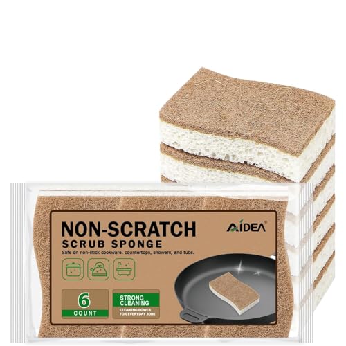 AIDEA Sponges Non Scratch, 6Count, Natural Sponge for Non Stick Cookware | Sponges Kitchen, Cellulose Scrub Sponge for Dishes, Cleaning Power for Kitchen, Bathroom, Household