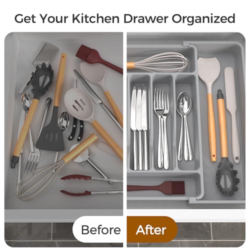 ukeetap Extra Large Expandable Silverware Organizer, Flatware Tray,Gray | BPA-Free Food-Safe Kitchen Utensil Cutlery Drawer Organizer, Adjustable Silverware Holder for Spoons Forks Knives