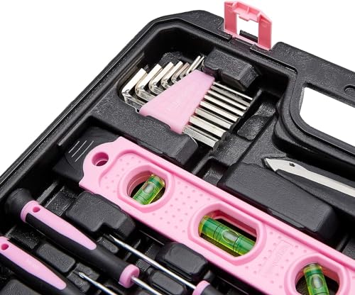 Amazon Basics 142-Piece Household Tool Kit for Home Repair, Hand Tools with Storage Case, 13.39 x 9.25 x 2.95 inch, Pink