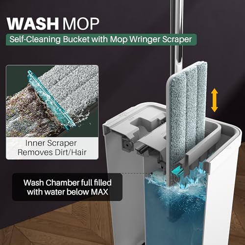 JOYMOOP Flat Mop System, Microfiber Mop and Bucket Set, White, Commercial &amp; Household Use, Hardwood Floor &amp; Wall Cleaning Mop with Long Handle, 4 Microfiber Pads