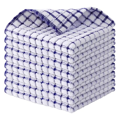 Kitinjoy Cotton 8 Pack Terry Kitchen Dish Cloths, Blue | 12 x 12 Inches Super Soft and Absorbent Dish Rags, Quick Drying Dish towels for Washing Dishes