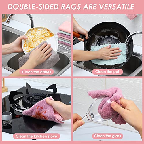 22 Pack Kitchen Dish Cloths, Reusable Dish Towels, Nonstick Oil Washable Fast Drying, Super Absorbent Coral Velvet Cleaning Cloths for Cleaning Tableware, Kitchen, Bathroom (Pink-green-10" x 6")