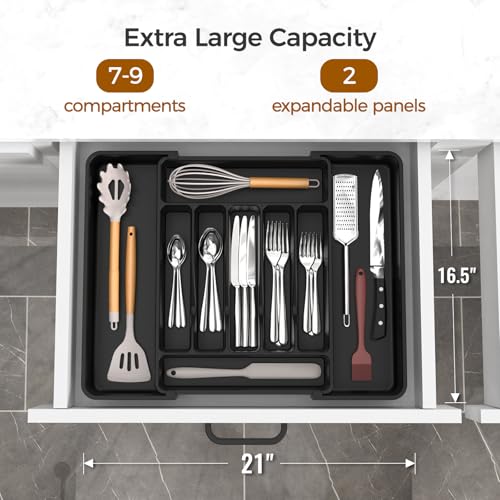ukeetap Extra Large Expandable Silverware Organizer, Flatware Tray, Black | BPA-Free Food-Safe Kitchen Utensil Cutlery Drawer Organizer, Adjustable Silverware Holder for Spoons Forks Knives