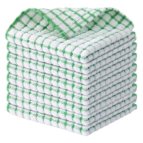 Kitinjoy Cotton 8 Pack Terry Kitchen Dish Cloths, Green | 12 x 12 Inches Super Soft and Absorbent Dish Rags, Quick Drying Dish towels for Washing Dishes