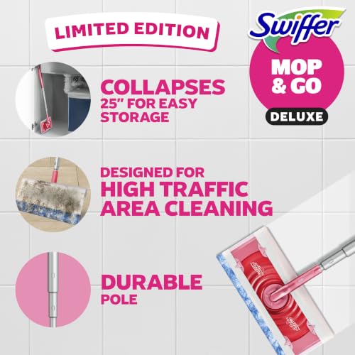 Swiffer Sweep and Mop Deluxe, Limited Edition Pink, 2-in-1 Floor Mopping and Sweeping Kit, Multi-Surface Kit for Floor Cleaning, Includes 1 Sweeper, 5 Heavy Duty Dry Cloths, 3 Heavy Duty Wet Cloths