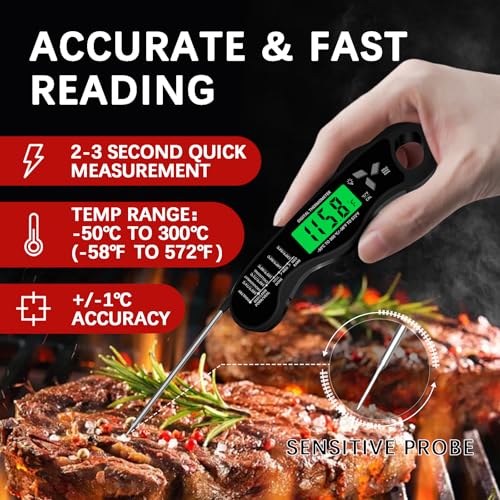 Cooking Thermometer，IP67 Waterproof Meat Thermometer Digital | Backlight，Magnetic attraction，Hold Function，Instant Read，LED screen，for Cooking,Outdoor Grilling