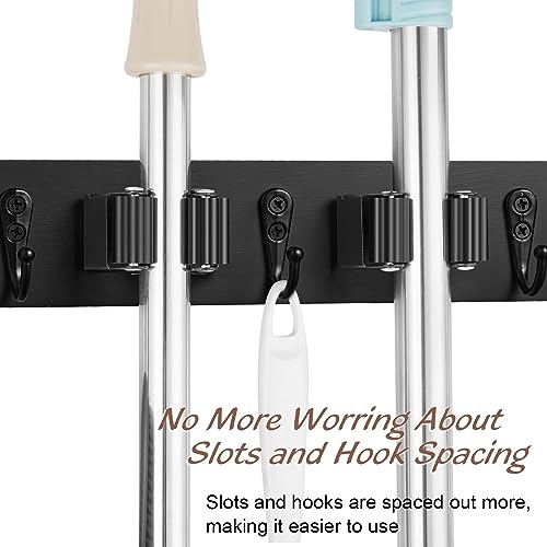 OUTNILI Black Mop Broom Holder Wall Mount with 4 Slots &amp; 4 Hooks - Rustic Wood Broom Mop Hanger for Pantry Closet Laundry Room Organization - Heavy Duty Garden Tool Organizer - Black Kitchen Decor