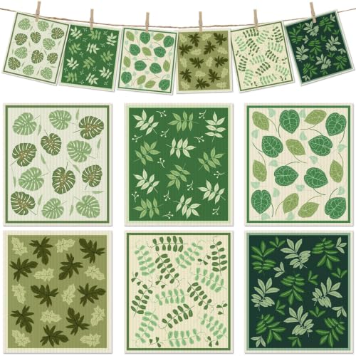 6 Pcs Swedish Paper Cloths for Kitchen, Reusable Paper Towels Washable | Highly Absorbent Kitchen Towels Quick Drying Swedish Sponge Cleaning Dish Cloths Dish Rags (Green Plant Leaves)