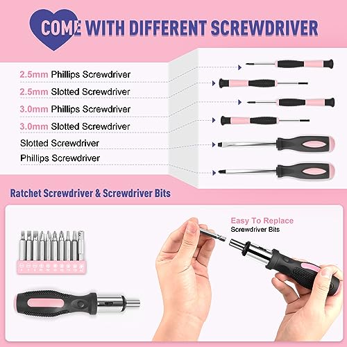 Sundpey 148 Pcs Portable Basic Hand Repair Home Tool Kit Set with Case Pink | with Ratchet Screwdriver &amp; Adjustable Wrench &amp; Water Pump Pliers, Women Tool Set for Household House Garage Apartment Dorm