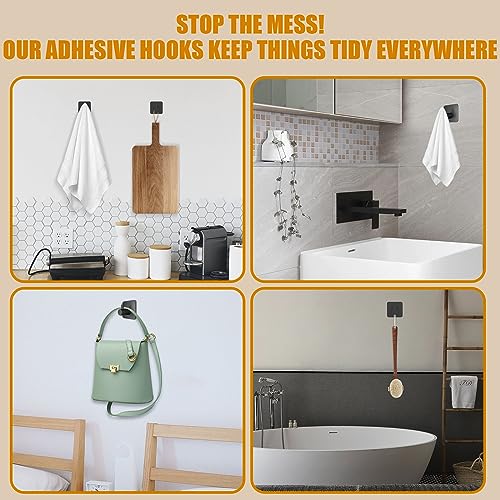 Honmein 6 Pcs Adhesive Wall Hooks for Hanging - Waterproof Shower Hooks | Heavy Duty Towel Hooks for Bathrooms, Kitchens, and Offices (Black)