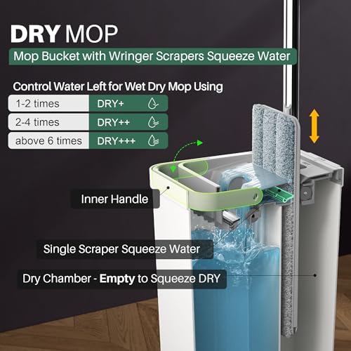 JOYMOOP Flat Mop System, Microfiber Mop and Bucket Set, White, Commercial &amp; Household Use, Hardwood Floor &amp; Wall Cleaning Mop with Long Handle, 4 Microfiber Pads