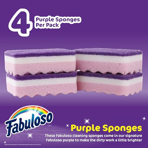 Fabuloso Scratch-Free Kitchen Dish Sponges, Purple, 4 Count | Cellulose scrubber with scouring pad tackles tough messes on dishes, pots, pans, and counters