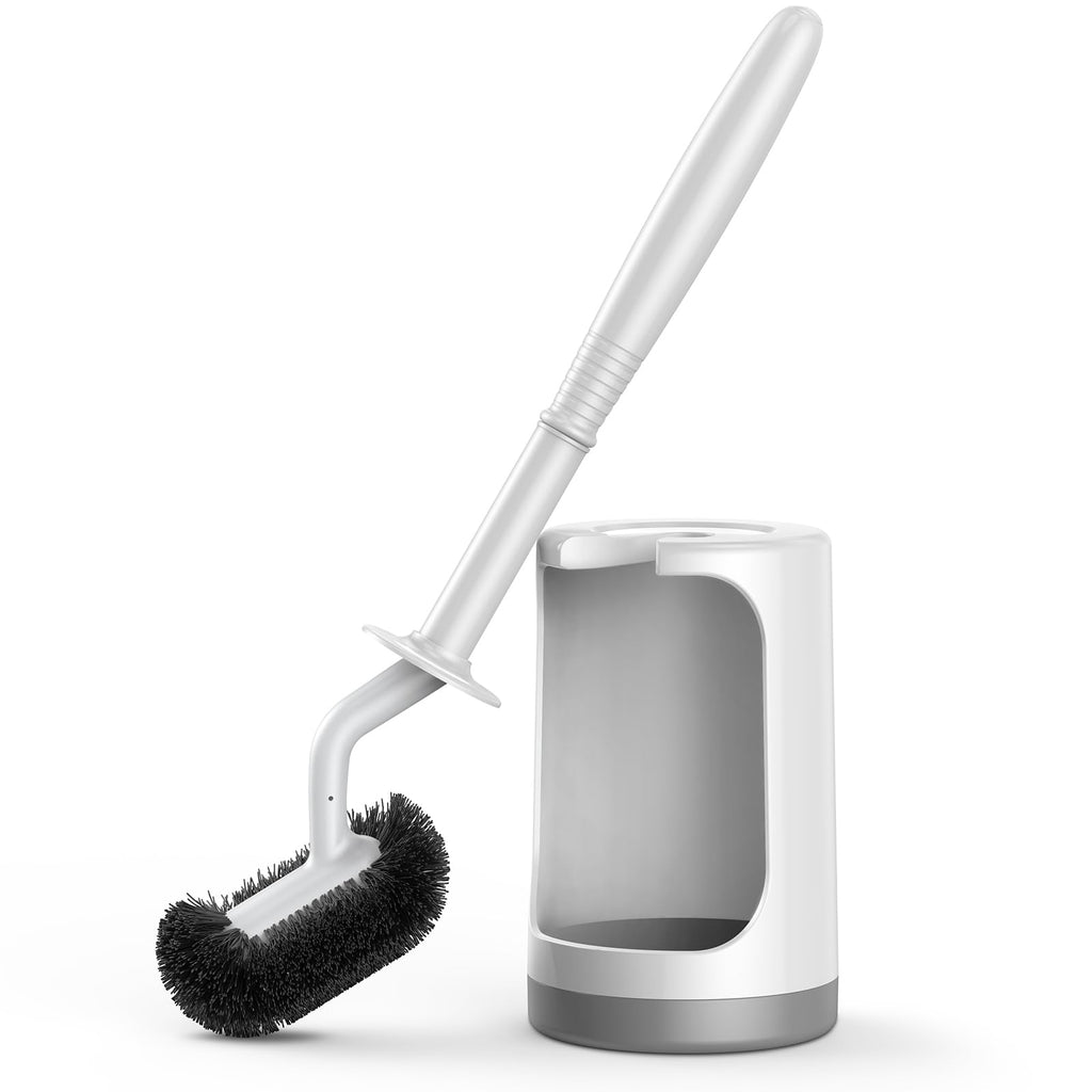 HAMITOR Toilet Bowl Brush Holder Set: Curved Design with Holder for Deep Cleaning Under Rim - Compact Hidden Scrubber for Small Space - Modern RV Bathroom Accessories - White 1 Pack