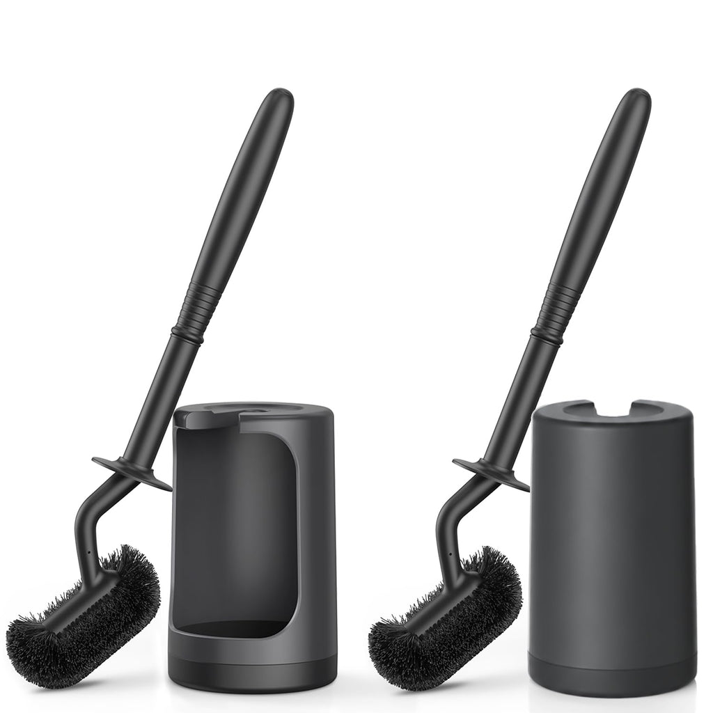 HAMITOR Toilet Bowl Brush Holder Set: Curved Design with Holder for Deep Cleaning Under Rim - Compact Hidden Scrubber for Small Space - Modern RV Bathroom Accessories - Black