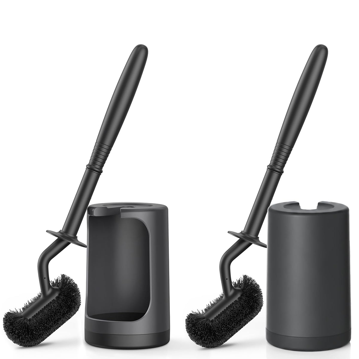 HAMITOR Toilet Bowl Brush Holder Set: Curved Design with Holder for Deep Cleaning Under Rim - Compact Hidden Scrubber for Small Space - Modern RV Bathroom Accessories - Black