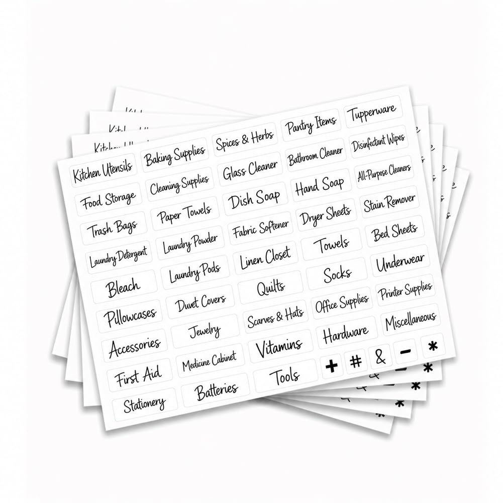 GOMAKERER 240 Pcs Home Organization Labels, 53 Designs Clear Script Storage ID Stickers Household Container Storage Label for Kitchen Bathroom Laundry Home Storage Organization Supplies