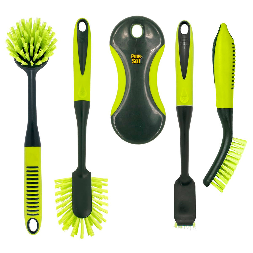 Pine-Sol Scrub Brush Set - Long Handle Cleaning Brushes with Heavy Duty Bristles and Comfort Grip - Scrubbers for Kitchen, Household, and Dishwashing, 5 Pieces