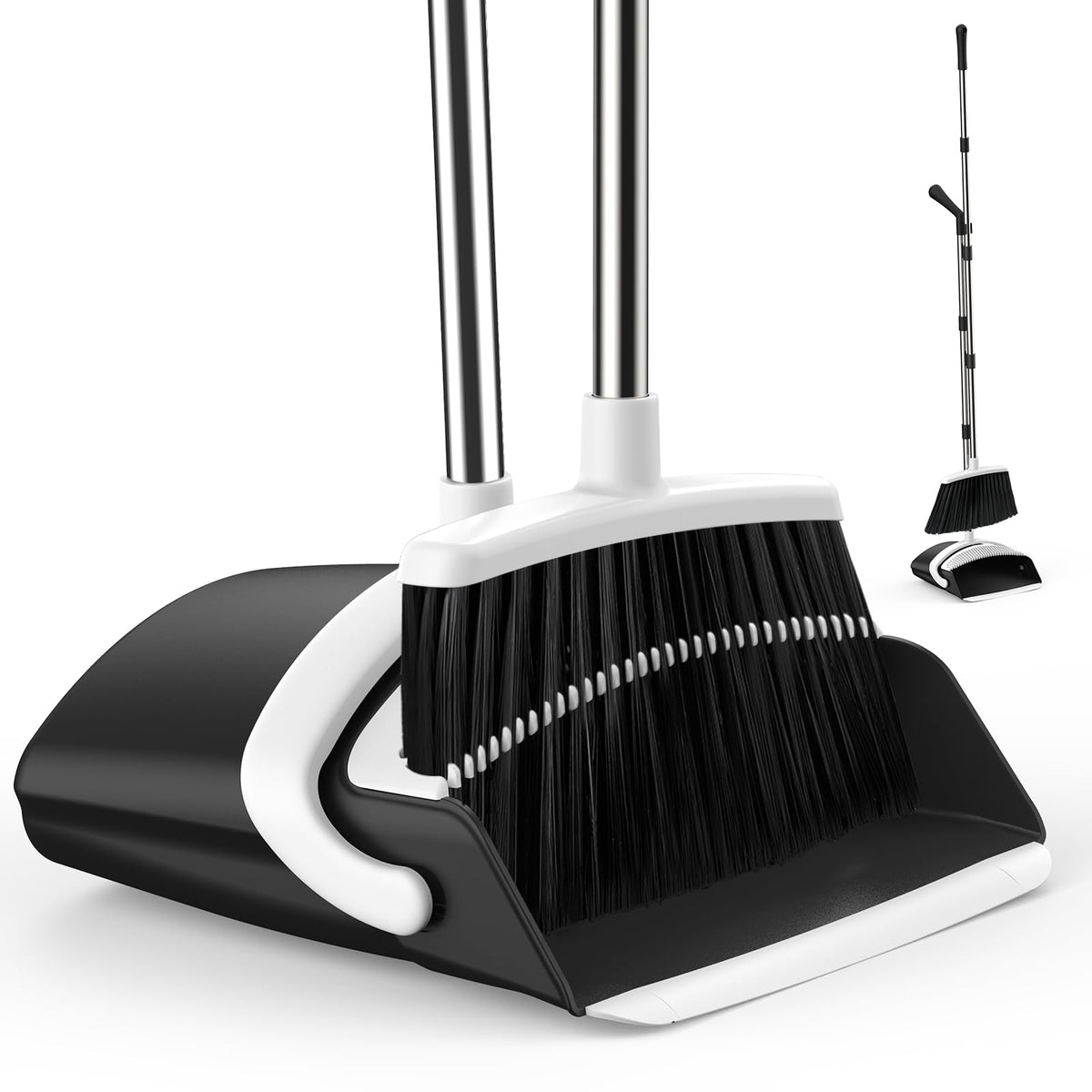 EZKEY Broom and Dustpan Set for Home, 51-in Long Adjustable Handle Angle Broom and Dustpan Combo Set with Dust Pan Teeth to Clean Hair for Home Kitchen Office Lobby Floor Garden (Black&amp;White)