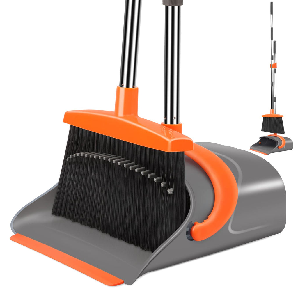 Ivandar Broom and Dustpan Set for Home, Broom and Dustpan Combo for Office, Long Handle Broom with Upright Standing Dust pan,Indoor&amp;Outdoor Sweeping (Gray&amp;Orange)