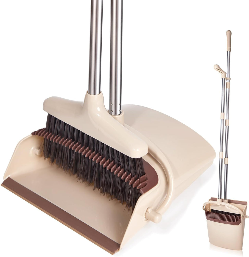 XXFLOWER Broom and Dustpan Set with Long Handle, Light Weight Stainless Steel Poles Stand Upright Dustpans with Broom Combo for Home Kitchen Office Pet Dog Hair, Brown &amp; Beige Color, 1-Pack