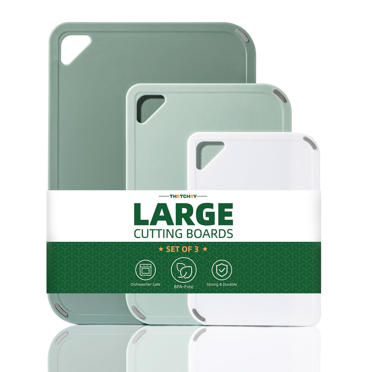 THETCHRY Plastic Cutting Board Set of 3-Cutting Boards for Kitchen BPA Free | Large-Small Chopping Boards, Non-Slip for Cooking, Dishwasher Safe, Camping, Portable, with Grip Handle, Sage Green