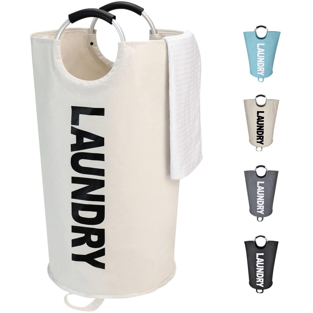 Maxsilan 90L Large Laundry Basket Bag, Collapsible Tall Hamper, Beige | Freestanding tall laundry bag &amp; foldable washing basket. Large capacity clothes storage bin with durable sturdy handles