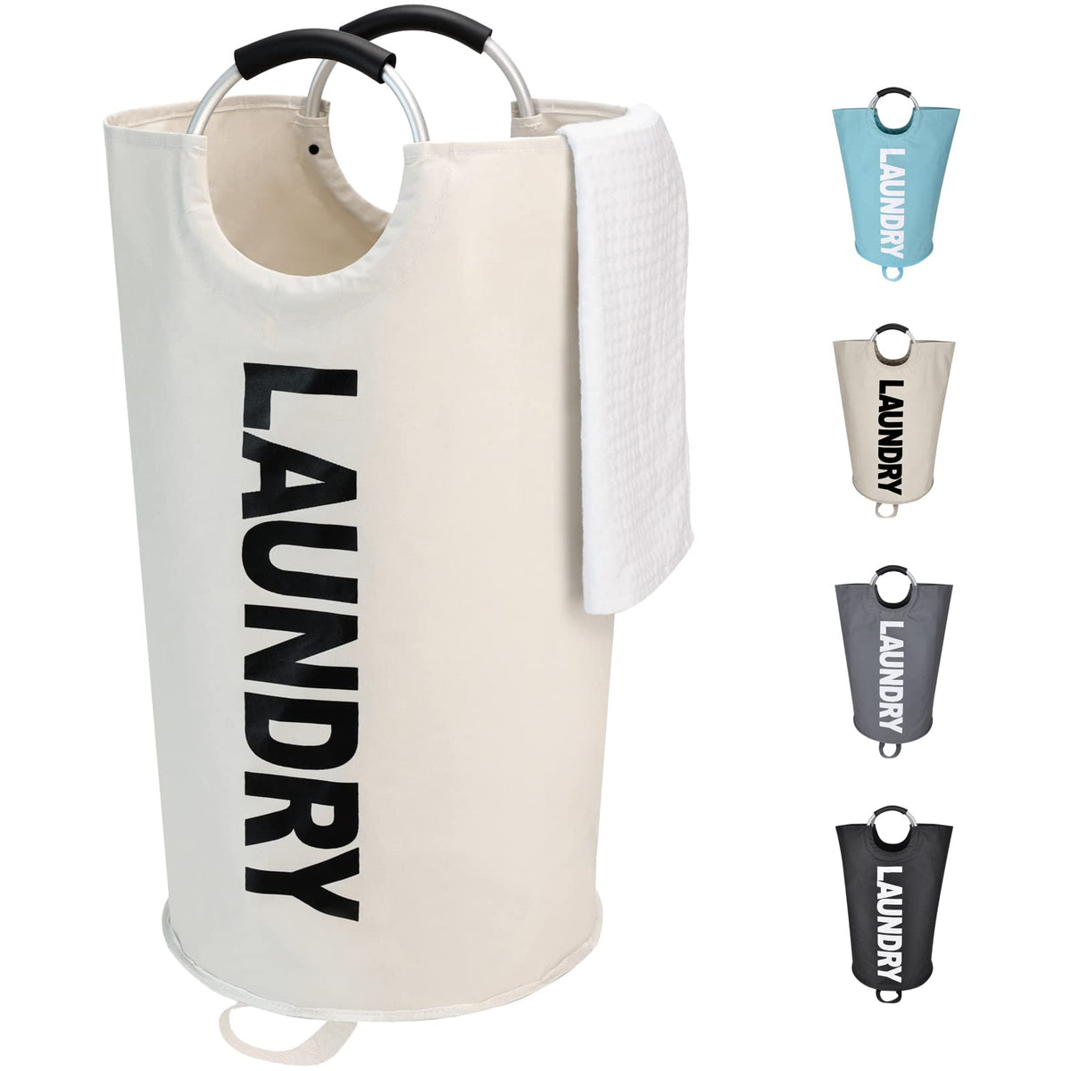 Maxsilan 90L Large Laundry Basket Bag, Collapsible Tall Hamper, Beige | Freestanding tall laundry bag &amp; foldable washing basket. Large capacity clothes storage bin with durable sturdy handles
