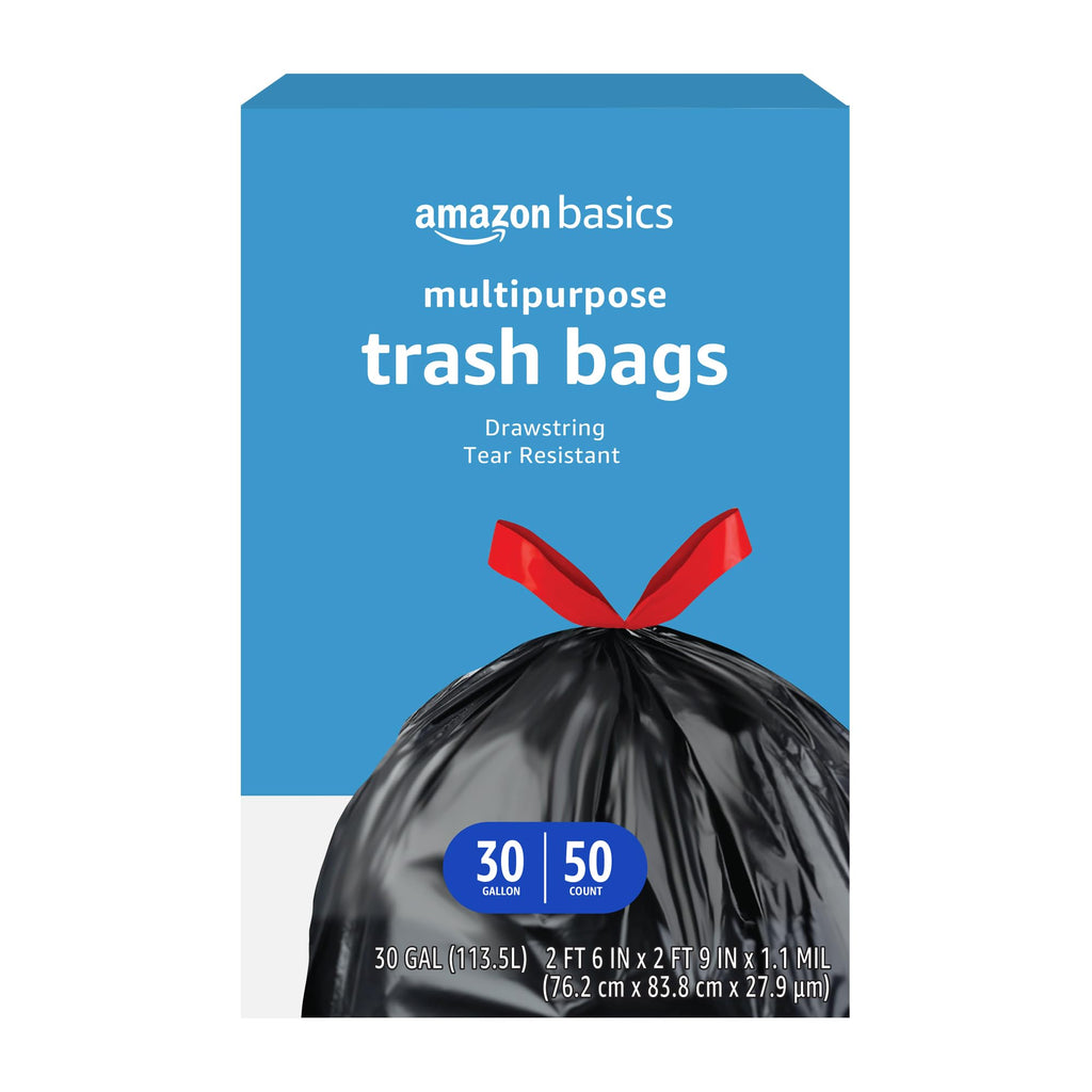 Amazon Basics Multipurpose Drawstring Trash Bags, 30 Gallon Capacity, Tear Resistant, 50 Count (Previously Solimo)