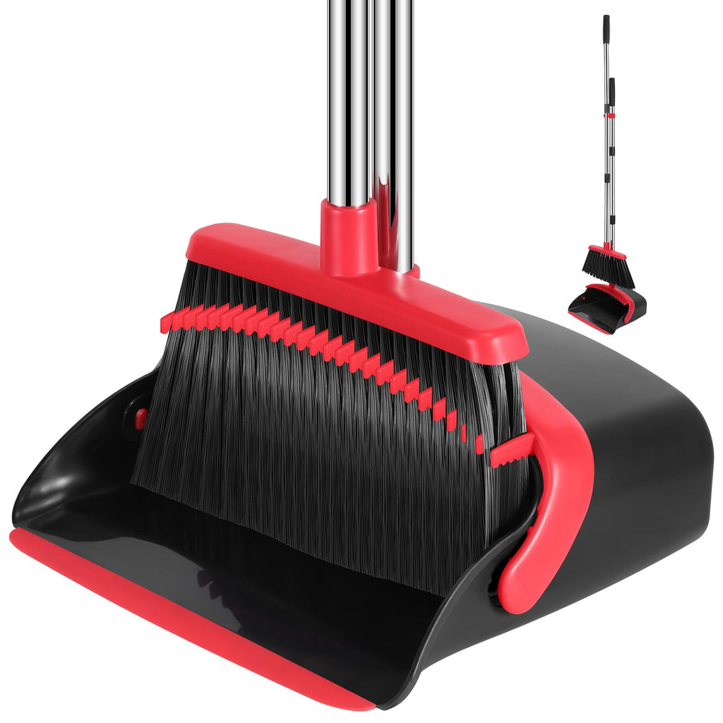 NACENA Broom and Dustpan Set, 52-in Long Adjustable Handle Broom Dustpan Combo with Dustpan Teeth to Automatically Clean Hair Suitable for Home Kitchen Office Hall Floor（Black&amp;Red）