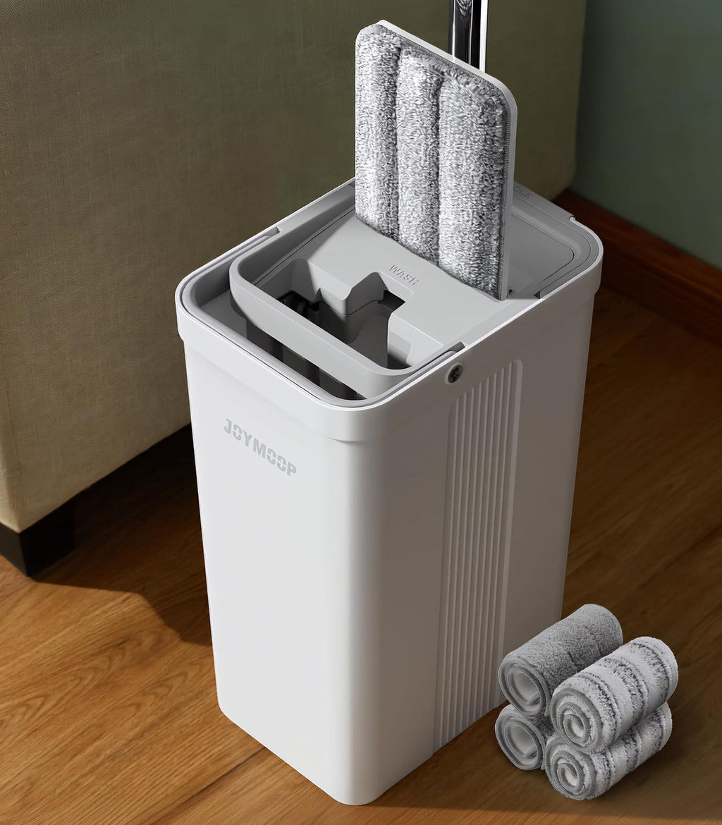 JOYMOOP Flat Mop System, Microfiber Mop and Bucket Set, White, Commercial &amp; Household Use, Hardwood Floor &amp; Wall Cleaning Mop with Long Handle, 4 Microfiber Pads