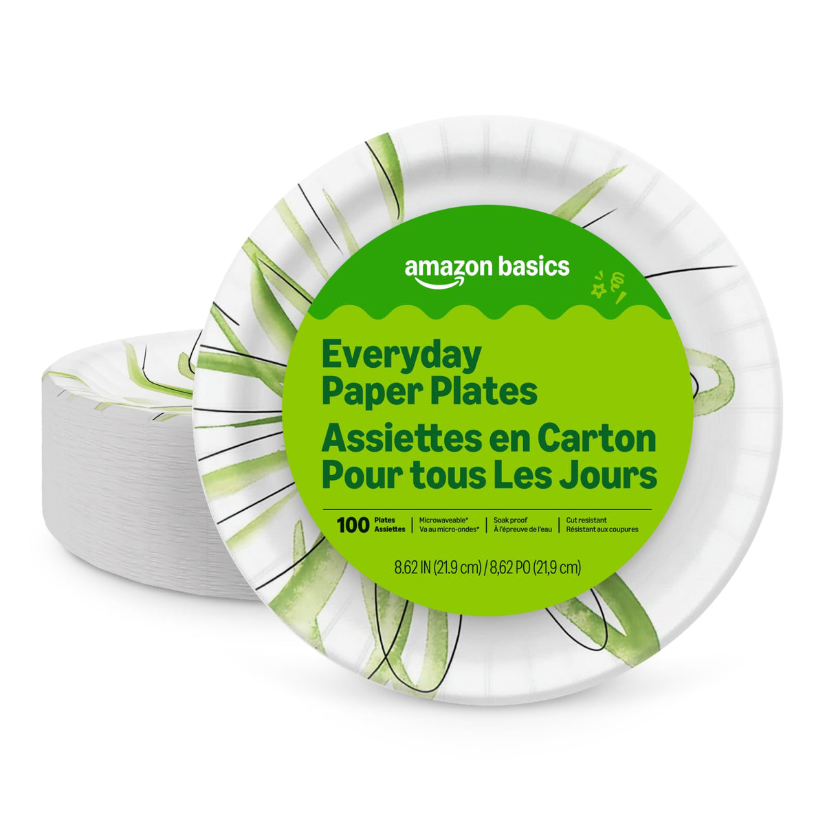 Amazon Basics Everyday Disposable Paper Plates, 8.62 Inch, Microwave-Safe, Cut Resistant, Soak-Proof, 100 Count, Packaging May Vary
